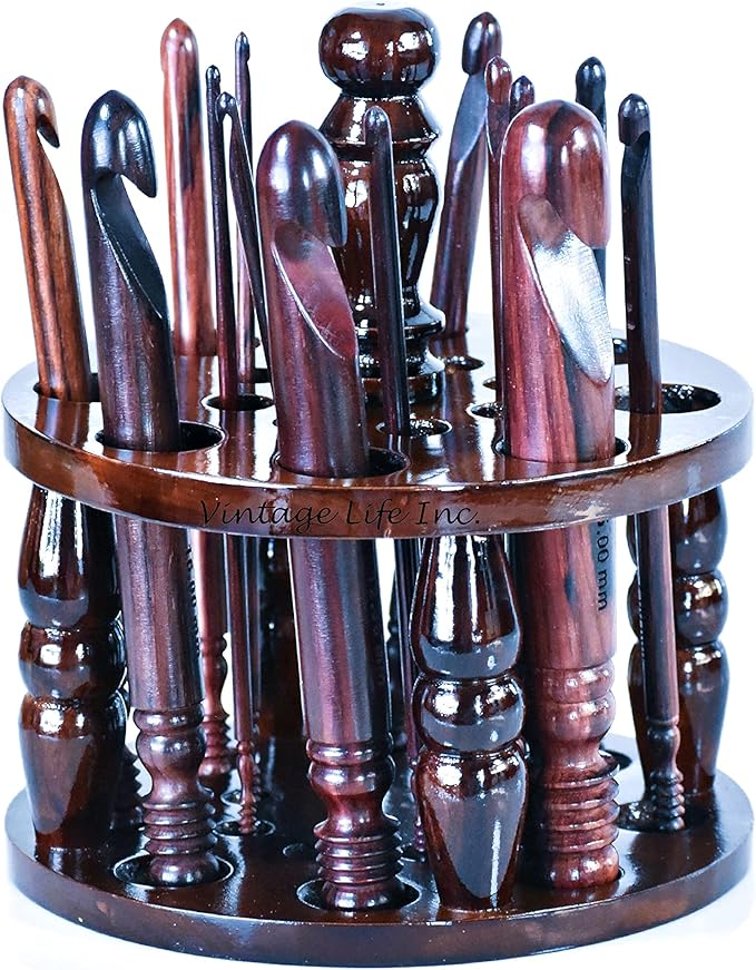 DnU Avenue Rosewood Set of 15 Ergonomic Crochet Hooks 3.5 MM to 25 MM, Wooden Yarn Crochet Hooks for Arthritic Hands, Knitting & Crochet Hook, Soft Grip, Wood Finish, Brown (Hooks with Stand)