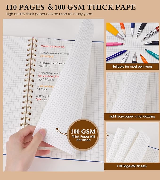 Graph Paper Notebook, Spiral Notebook Journal 8.5” x 11”, A4 Large Grid Notebooks for Women Men, 100 GSM Graph Paper, Plastic Hardcover Spiral Graphing Journals for Work School Engineering, Navy
