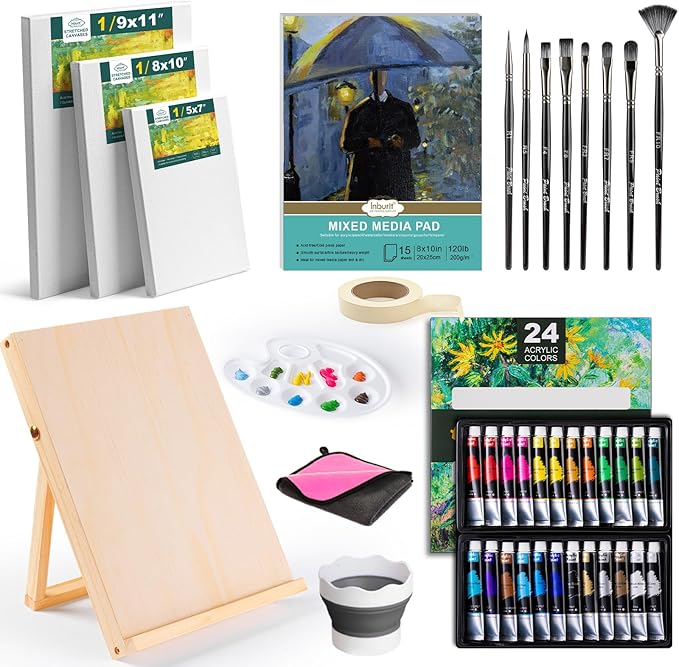 Acrylic Art Set, Painting Supplies Kits with 24 Acrylic Paints(22ml), 8 Brushes,1 Wooden Easel,1 Palette etc, Paint Kit for Kids,Adults and Artists