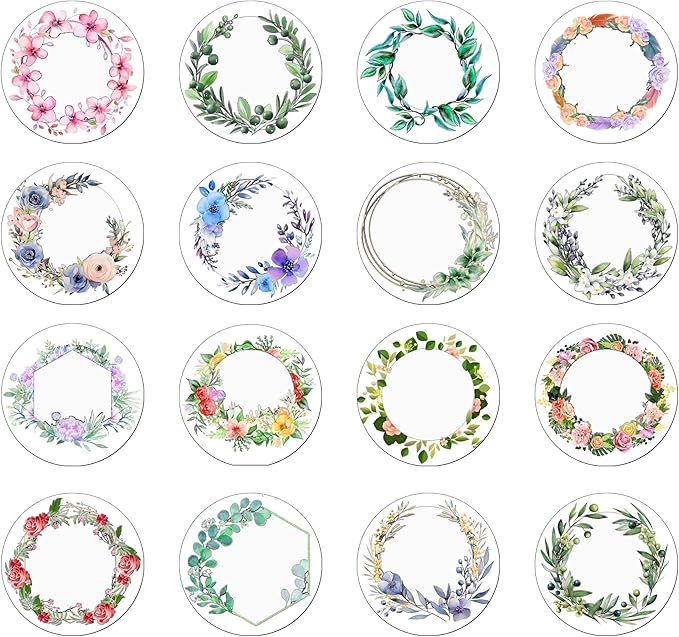 (Made in MA) Custom Round Flower wreath Sticker Labels - Personalized Customized Stickers for Birthday Baby and Labels Product Boxes Wedding Shower Labels