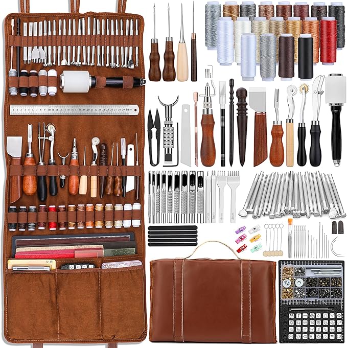 TLKKUE Leather Tooling Kit Leather Craft Tools Leatherworking Kit with Custom Handbag Cutting Mats Engraving Punching Sewing Stamping Sanding Tools for Handicraft Work Professional
