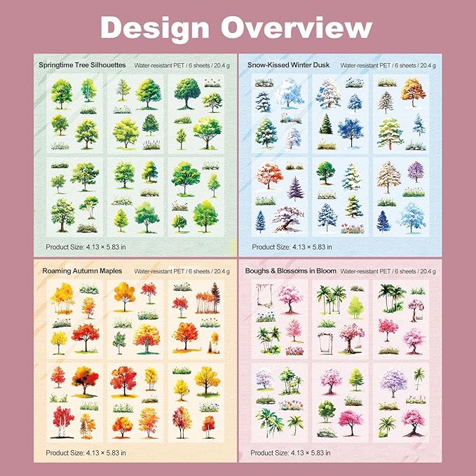 24 Sheets Seasonal Tree PET Stickers Set, Four Seasons Forest & Blossom Designs - Waterproof Pre-Cut Art for Scrapbook Journals Planners DIY Décor