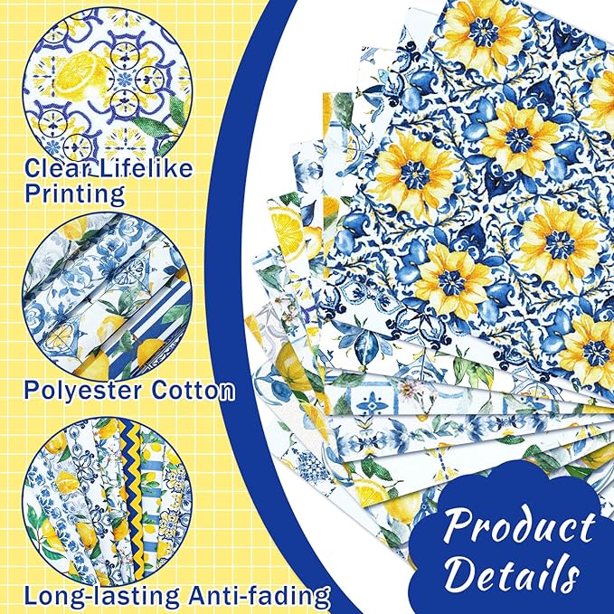 Hahafelt 10 Pcs Lemon Quilting Fabric Square 18 x 22 Inch Chinoiserie Quilted Fabric Bundle Blue White Yellow Lemon Printed Floral Precuts Patchwork Supplies for Summer DIY Sewing Crafts