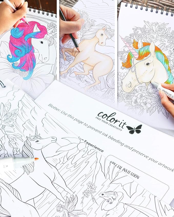 ColorIt Colorful Unicorns Adult Coloring Book - 50 Single-Sided Pages, Thick Smooth Paper, Lay Flat Hardback Covers, Spiral Bound, USA Printed, Hand Drawn Unicorn Coloring Pages