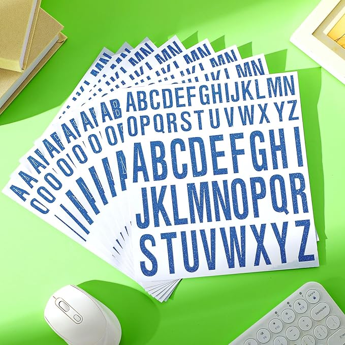 8 Sheet Glitter Letter Stickers Vinyl Alphabet Stickers Waterproof Self Adhesive Stick on Letters for Poster Bulletin Board Mailbox School Classrooms Decor(1 Inch, 2 Inch,Blue)