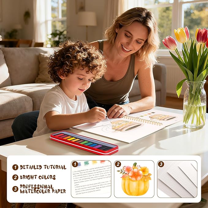 Kivzex Watercolor Workbook for Adults, Beginner Friendly Watercolor Painting Kit Autumn Water Coloring Book, Nature-Themed Practice Art Gift Water Color Paint Book with Palette and Brush