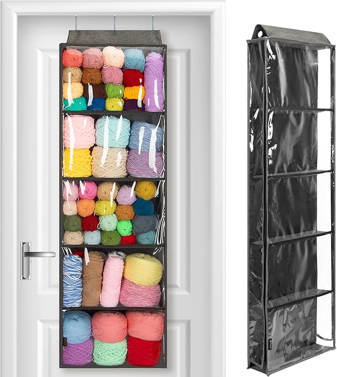 PACMAXI Hanging Yarn Storage Knitting Organizer Storage with 5 Compartments, Clear Wall Display Bulk Yarn Organizer for Knitting Needles, Crochet Hooks(Large Size) (dark grey)