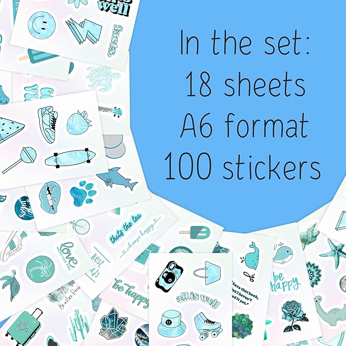 BulbaCraft 100Pcs Teal Stickers, Blue Stickers for Water Bottle and Laptop - Teal Party Supplies & Decorations, Waterproof Vinyl Decals, Gifts for Women & Men