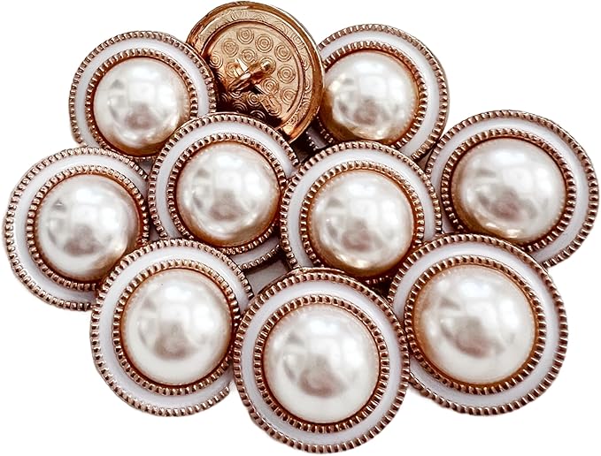 PEPPERLONELY 10PC Faux Pearl Metal Buttons for Clothing, Jeans, Crafts, Pants, Blazer, Sewing, Jacket, Jewlery Making (Gold/White, 25mm)