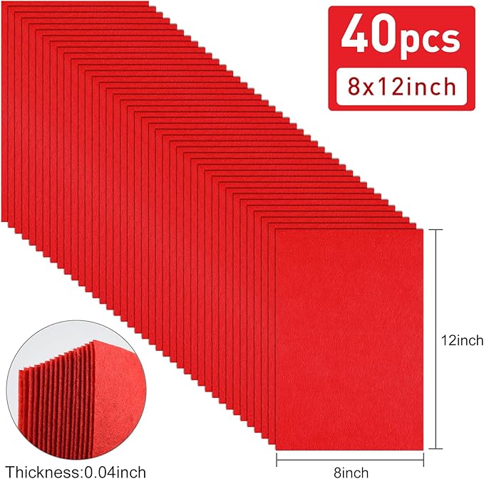 40 Pcs Red Felt Fabric Sheet 8" x 12" Assorted Color Felt Fabric Sheets for Crafts DIY Handcraft Sewing Squares Patchwork Nonwoven