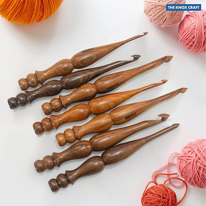 THE KNOX CRAFT Wooden Crochet Hook Set with Holder – Ergonomic Crochet Hooks for Beginners, Crochet Needle Kit & Organizer Stand for Yarn and Knitting Projects (Set of 7 with Hooks Holder)