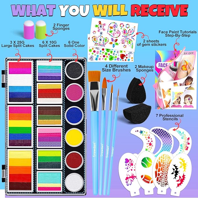 Drawdart Professional Face Painting Kit for Kids Adults, Large Split Cake Face Paint Palette| with Stencils, Book, Easy to Use and Safe for Kids, Fun for Halloween, Birthday Party, School Event