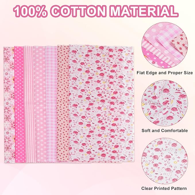 PATIKIL Cotton Fabric Bundles, 7 Pcs 20 x 20 Inch Pure Cotton Fat Quarter Floral Printed Precut Fabric Squares for Sewing Patchwork Quilting DIY Crafts, Pink
