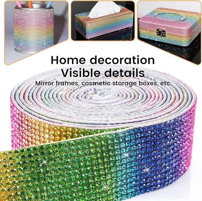 Novani Self Adhesive Rhinestone Ribbon, 1.14 Inch Wide 3 Yards 1 Roll, Rainbow Crystal Diamond Bling Strips for DIY Crafts, Home Decor, Glitter Glass Rhinestones for Crafting, Car Decoration