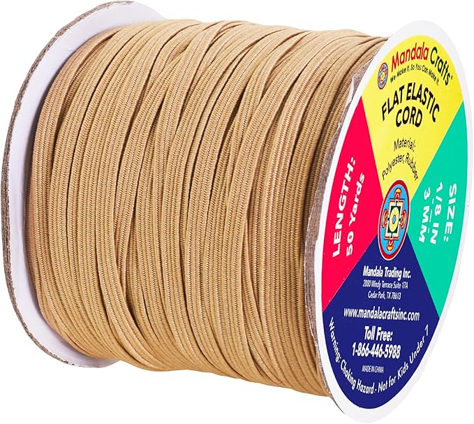 Mandala Crafts 3mm 50 Yds Roll of Tan Elastic Bands for Sewing - 1/8 Flat Elastics Cord - 1 8 Inch Braided Stretch Straps for Crafting