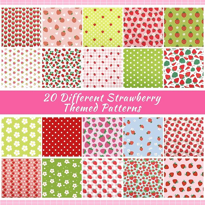 HunnmingRe 20 Pcs 10''x10'' Strawberry Quilting Fabric Square Summer Strawberry Quiltted Fabric Bundle Multicolor Precuts Printed Patchwork Supplies for Holiday DIY Sewing Craft