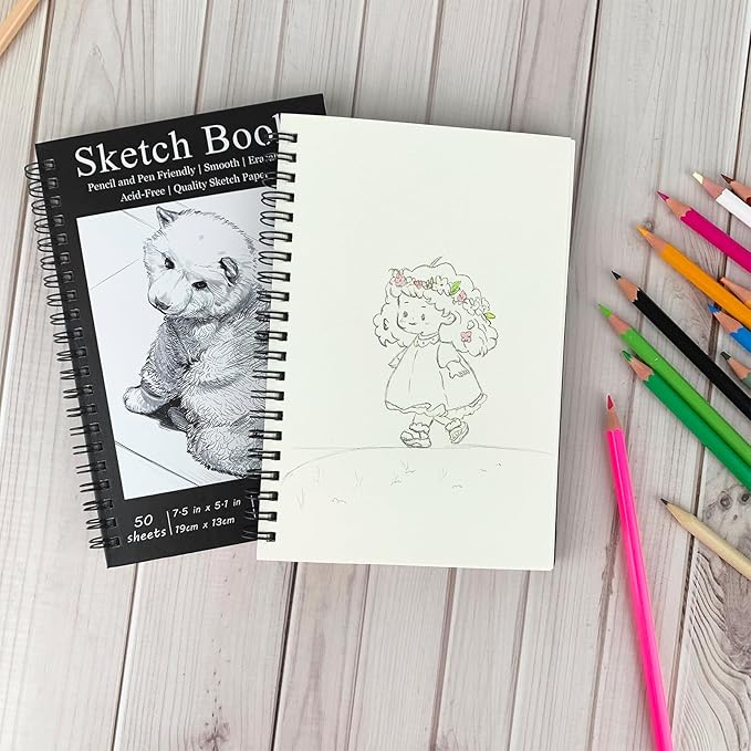 DSTELIN 7.5 x 5.1 Inch Sketch Book, 50 Sheets,100gsm, Spiral Bound Black Hardcover with Dog Cover, Ideal for Sketching and Drawing