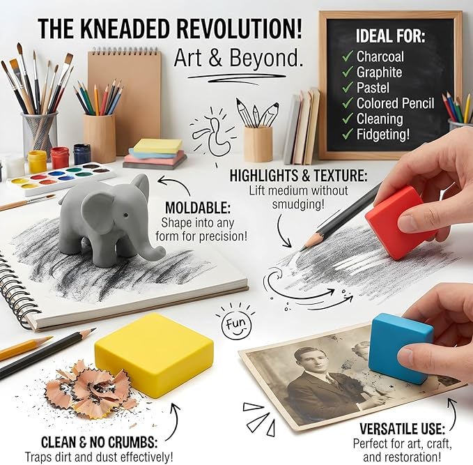 24 Pack Kneaded Erasers, Assorted Colors, for Artists,Drawing,School Supplies,Sketching Supplies and Office (Blue/Red/Yellow/Grey)