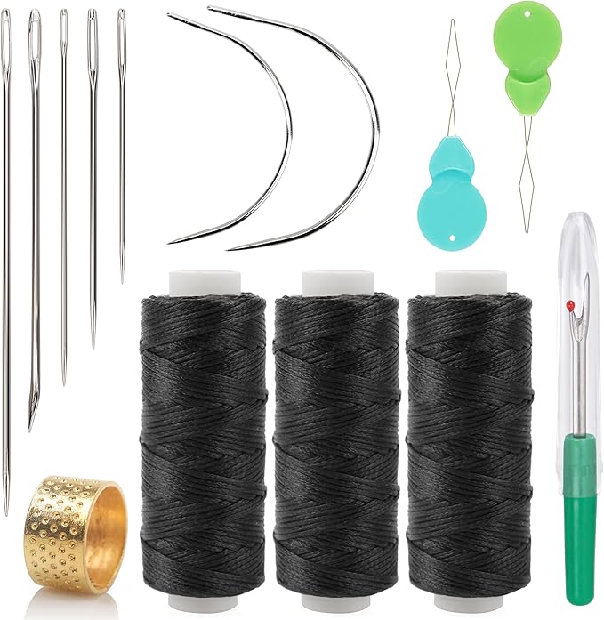Waxed Thread 96 Yards Hand Sewing Kit Set 210D Flat Sewing Waxed Thread, 7 Pcs Leather Repair Needles with Sewing Scissors for Home Upholstery Carpet Leather Canvas Repair and Sewing