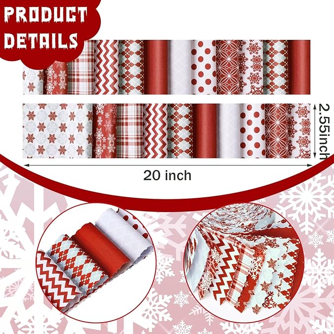 Fanfanwin 40 Pcs Red and Grey Christmas Quilting Fabric Roll 2.56 Inch Precut Fabric Squares Jelly Patchwork Snowflake Red Plaid Strips Materials for Winter Xmas Holiday Craft Sewing Panels DIY