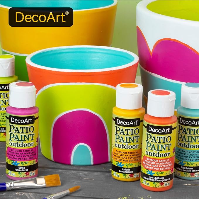 DecoArt Patio Outdoor Paint Set – 24 Pastel Colors (2 fl oz Bottles) – Outdoor Weatherproof Permanent Paints for Crafts, Planters & Home Décor