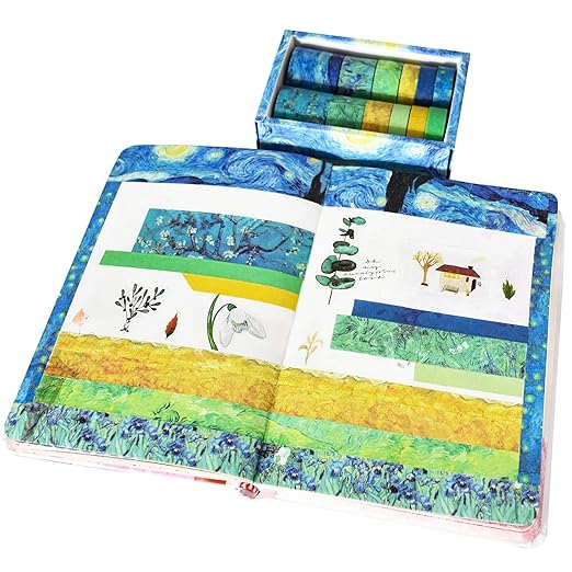 Washi Tape Set of 12 Rolls,Van Gogh Starry Night Decorative Green Leaves Floral Blue Yellow Washi Masking Tape Sets for Craft,Kids,Scrapbook,DIY,Gift Wrapping(Yellow)