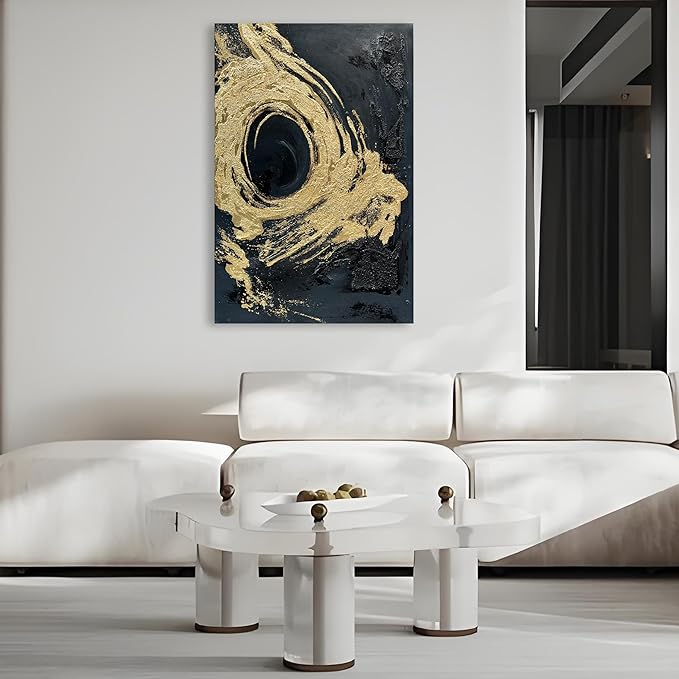 Art Hand-Painted Black and Gold Abstract Texture Oil Painting Modern Canvas Wall Art Deco 45x30 inches