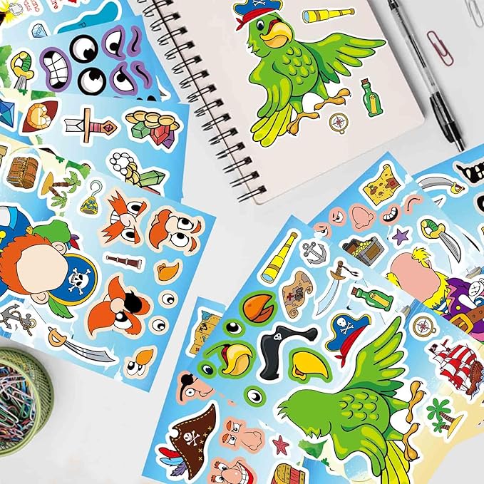 24 Sheets Pirate Stickers for Kids, Make Your Own Pirate Stickers, Make-a-face Stickers, Jolly Roger Stickers, Skull and Crossbones Stickers, Pirate Themed Party Decorations