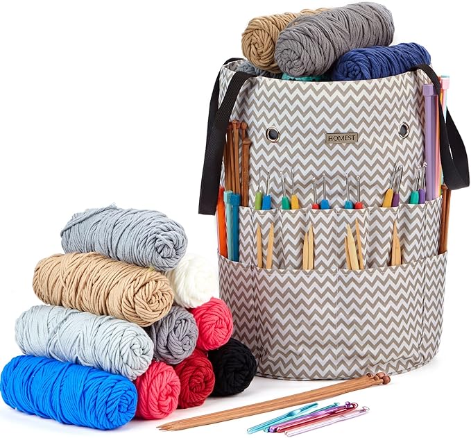 HOMEST Large Crochet Bag with Customized Front Compartment for Knitting Accessories, Yarn Storage with 6 Oversized Grommets, Tote Organizer with Drawstring Closure, Ripple