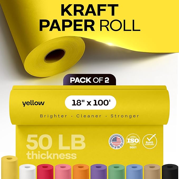 18" x 1200" (100 ft) Yellow Kraft Paper Roll, Pack of 2 - USA-Made Quality Craft Paper for Gift Wrapping, Kids' Arts & Crafts, School Projects - 100% Recycled, 50 lb Natural Material by IDL Packaging