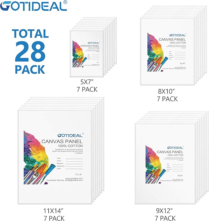 GOTIDEAL Canvas Boards for Painting Multi Pack, Primed 5x7, 8x10, 9x12, 11x14 Set of 28, White Blank Canvas Panel- 100% Cotton Artist Canvases Pack for Acrylic, Oil, Watercolor