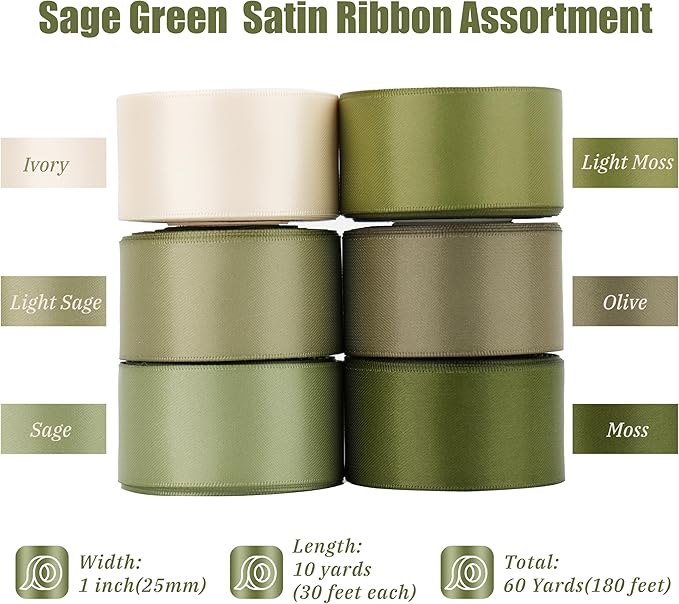 Sage Green Ribbon 1 Inch Moss Green Double Face Satin Polyester Ribbon 6 Rolls 60Yards Wedding Gift Wrapping Crafts