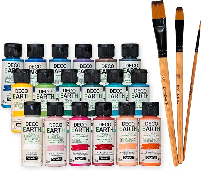 DecoArt DecoEARTH Sustainable Acrylic Paint Set – 18 Bottles (2 fl oz) + 1 Set of Eco Paint Brushes – Eco-Conscious Paint Made from Recycled Materials for Art & DIY Crafts