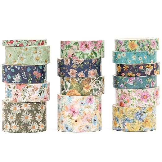 Floral Washi Tape Set - 15 Rolls Flowers Arts Adhesive Tapes Garden Blooms Decorative Masking Tape Sets for Craft, Kids, Scrapbook, DIY, Gift Wrloapping (1-Spring Meadow)