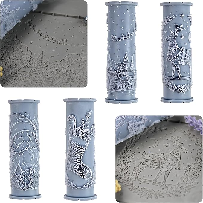 Holiday Magic 4-Pack Clay Texture Rollers (4") - Christmas Set #01 - Embossing Pattern Rollers for Polymer & Ceramic Clay, Pottery & Crafts