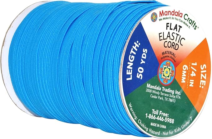 Mandala Crafts 6mm 50 Yds Roll of Blue Elastic Bands for Sewing - 1/4 Flat Elastics Cord - 1 4 Inch Braided Stretch Straps for Crafting