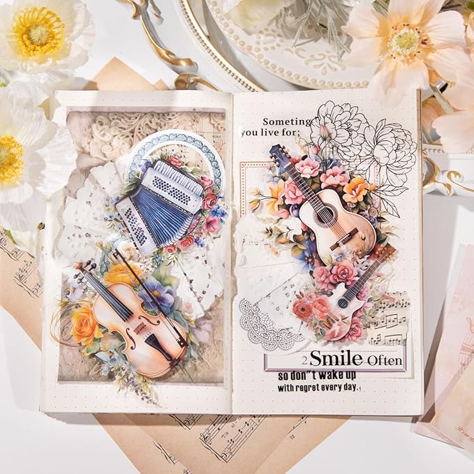 120Pcs Flowering Symphony PET Stickers, Watercolor Musical Instrument Ephemera for Scrapbooking, Journaling, and Craft Supplies