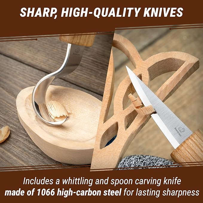 BeaverCraft Wood Spoon Carving Kit for Beginners DIY04 - Whittling Set Includes Spoon Carving Tools, Sloyd Whittling Knife Hook Knife, Basswood Blank - Woodworking Hobby Kit for Adults & Kids