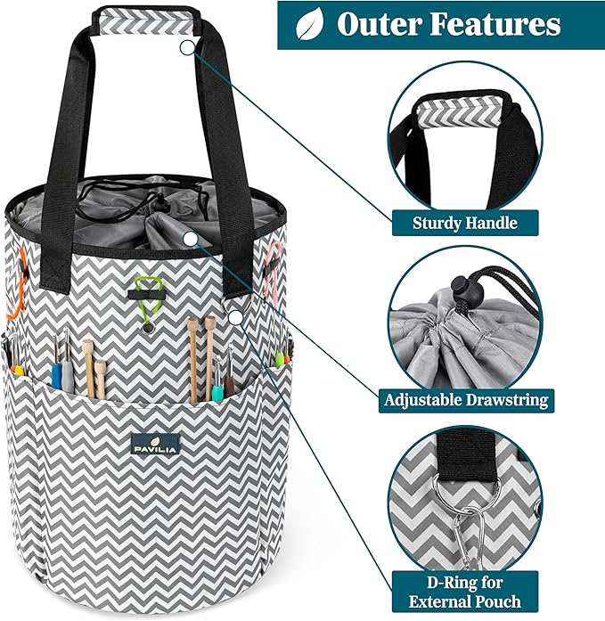 PAVILIA Crochet Bag Knitting Bag Organizer, Yarn Bag Storage Tote for Crocheting On The Go, Knitting Accessories Supplies Holder with Grommets, Gift for Crochet Lovers Knitters (Chevron Gray)