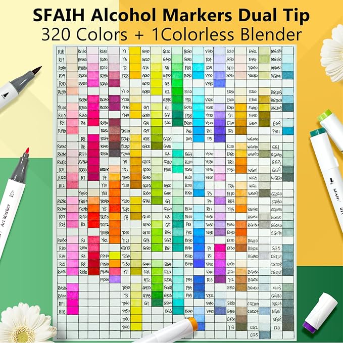 SFAIH Alcohol Markers Brush & Fine Tip 321 Set - Dual Tip Professional Artist Markers for Adult Coloring Books, Illustration, Manga, Animation, Architecture Sketching - Refillable Ink