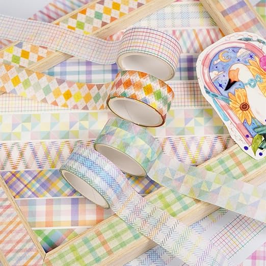 YUBX Basic Grid Washi Tape Set 12 Rolls Plaid Decorative Masking Tapes for Arts, DIY Crafts, Journals, Planners, Scrapbook, Wrapping (Colored)