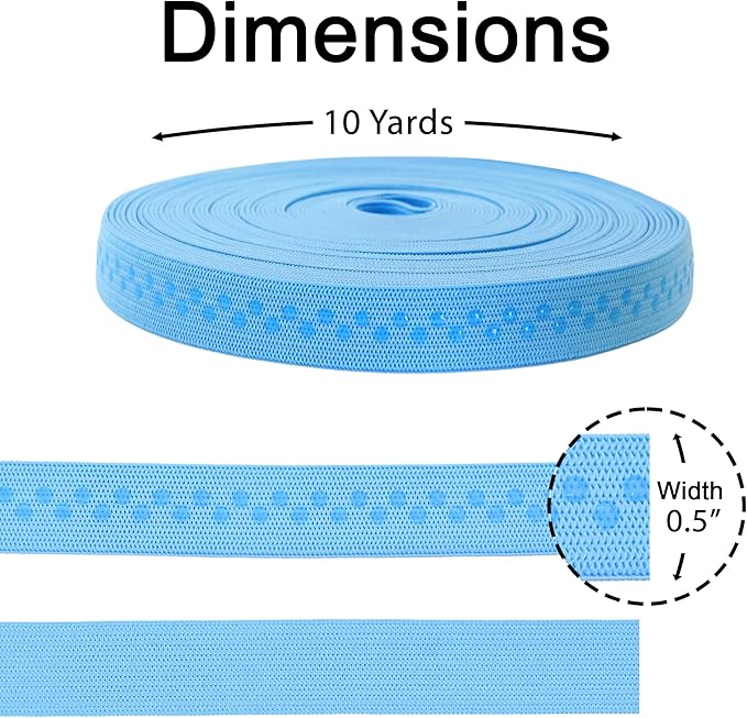 Mandala Crafts 0.5 Inch Elastic Silicone Gripper Tape for Clothing - 10 Yds Dotted Non Slip Elastic Band for Sewing - Light Blue Silicone Flat Fabric Stretchy Ribbon Straps