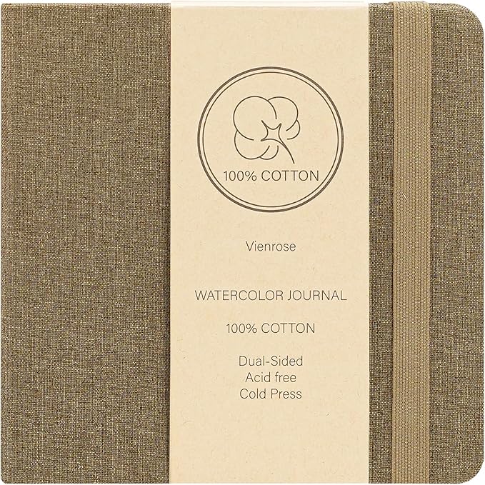 Vienrose Watercolor Sketchbook, 5.5"x5.5" Watercolor Journal with 24 Sheets 140 LB (300 GSM) Cotton Watercolor Paper, Brown Linen Cover Water Coloring Sketch Book As Travel Notebook On The Go