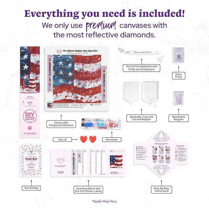 DIAMOND ART CLUB USA Flag Diamond Painting Kit, Fun DIY Crafts for Adults, Round Diamond Art Canvas, 9" x 9"