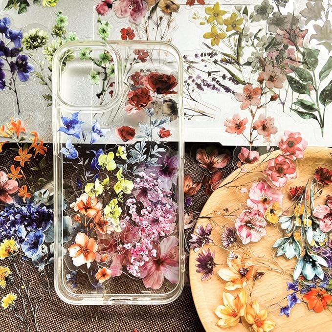 50-Pack Transparent Waterproof Watercolor Wildflower Flower Scrapbook Stickers – Vibrant Nature Floral Decals for Card, Journals, Resin Art Project