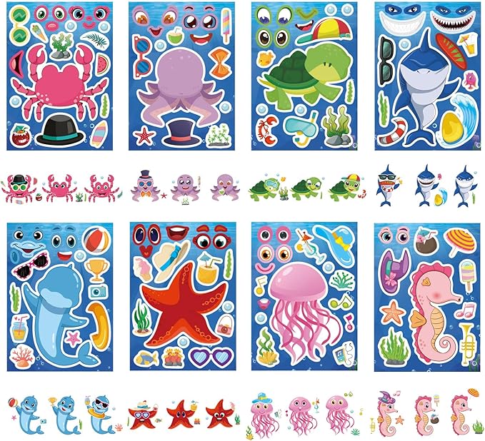 24 Sheets Ocean Stickers for Kids, Make Your Own Sea Animal Mix and Match Sticker Sheets, Make a Face Stickers for Kids Activities Supplies Crafts