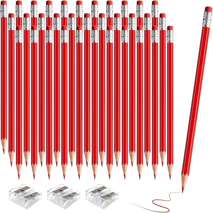 36 PCS Red Checking Pencils Erasable Colored Pencils with Eraser Pre-Sharpened 2 HB for Checking, Grading, Tests & Office/School Supplies (Red)