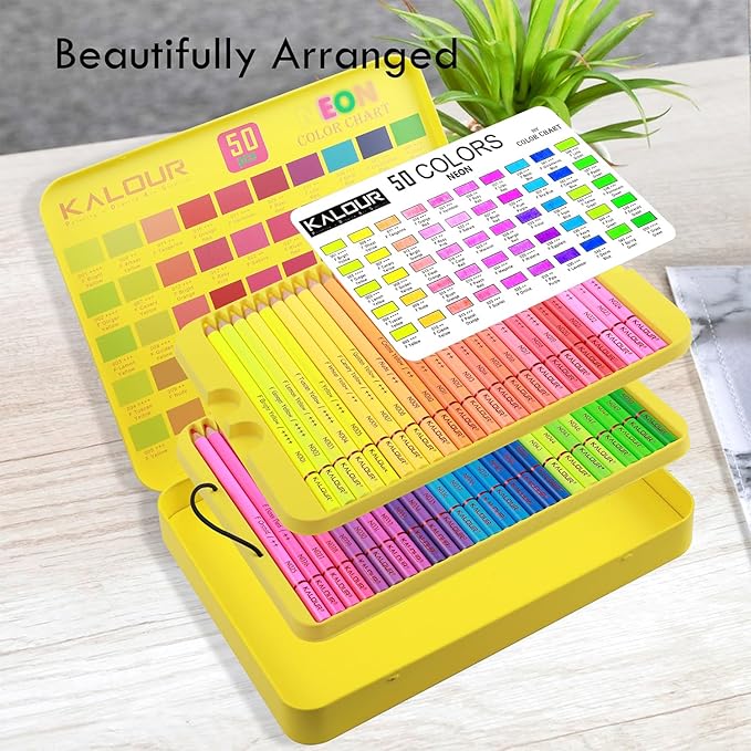 50 Neon Colored Pencils for Adult Coloring Books, Fluorescent colored Professional Drawing pencils Set Art Supplies Kit for Adults Beginners Artists, Soft Core
