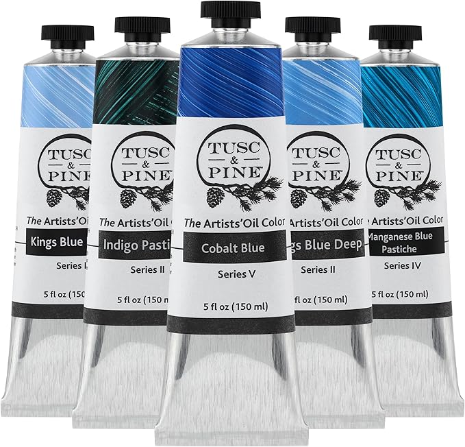 Tusc & Pine Artist Oil Paint - Set of 5, 150 ml, Ocean Blues, 750 ml of Non-Yellowing, Creamy Consistency, Max Pigment Load, Small Batch Milled Oil Paints Made in The USA for Professional Artists