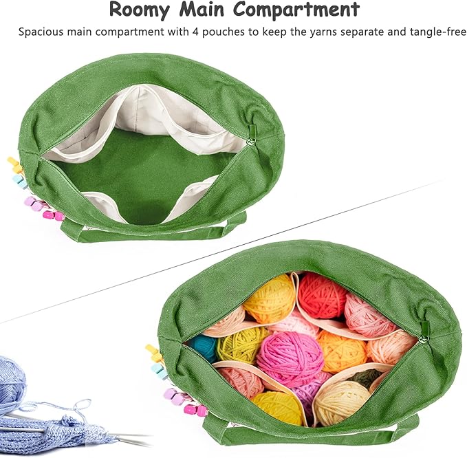 MYBAGZING Canvas Yarn Storage Organizer Bag Washable Crochet Bag with Pockets for Yarn, Hooks, Needles – Travel Knitting Tote for Crafters – Gift for Crocheters & Knitters (Medium/Large)